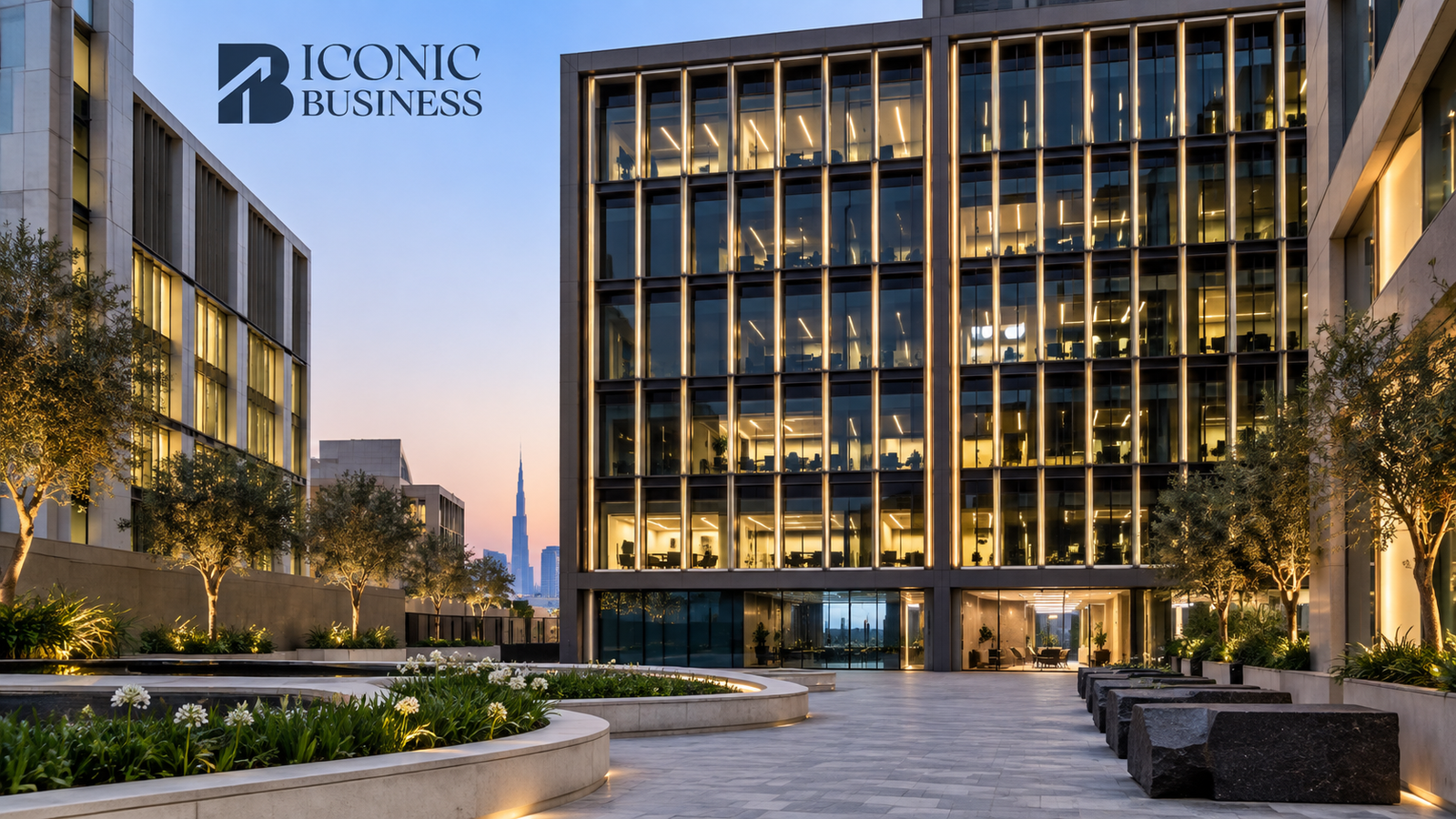 Iconic Business branded illustration of a commercial courtyard in Dubai